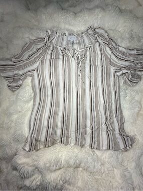 AB Studio Striped Cold-Shoulder Top in Cream and Brown